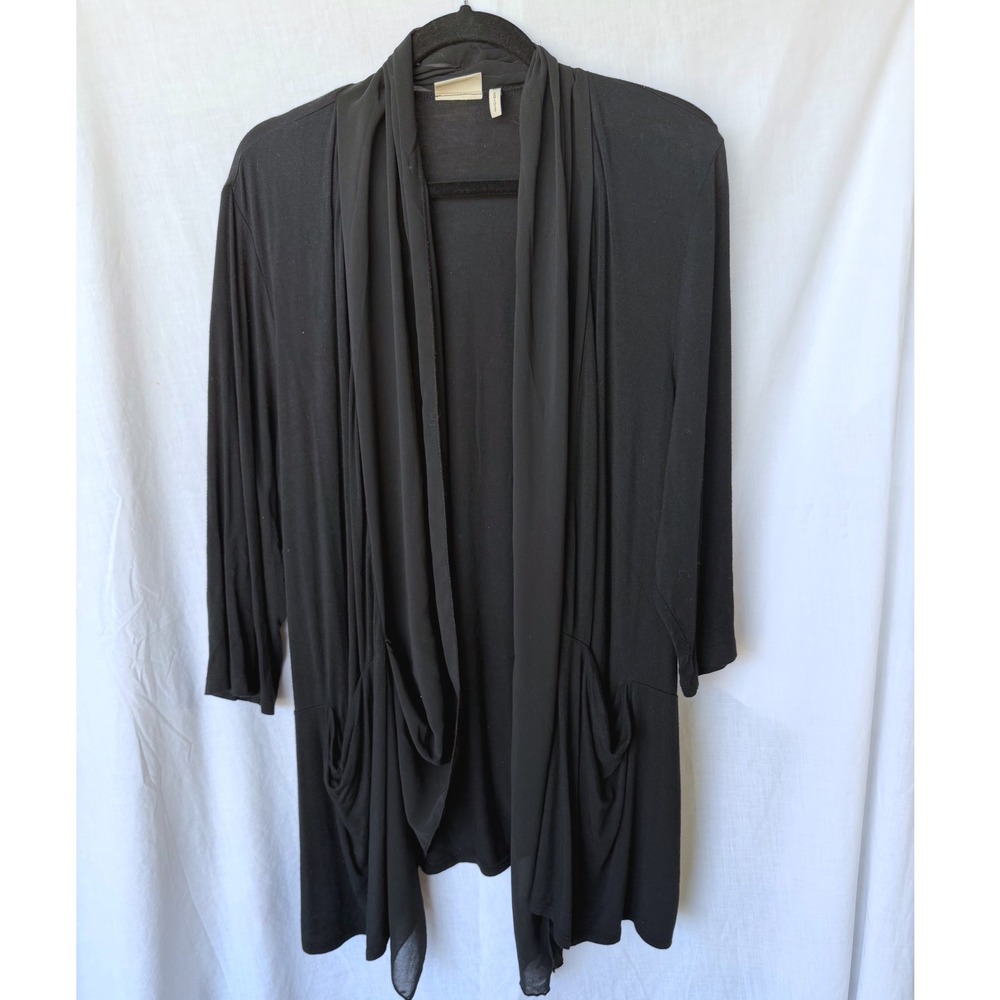 LOGO Cardigan Black Office Layering Sheer Waterfall Open Front 1X